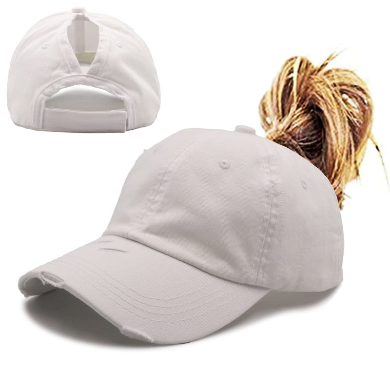 ProMindFun Womens Ponytail High Messy Bun Hats Distressed Baseball Caps Unconstructed Washed Dad Hat Girls Trucker Ponycaps (06-White) - Image 2